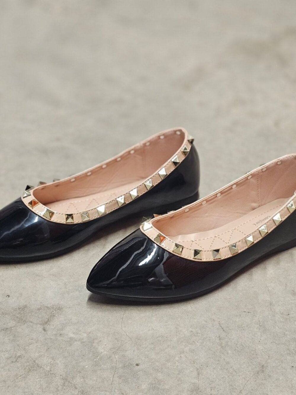 Black Patent Pointed Toe Flats With Gold Studded Trim - Picture 6 of 10